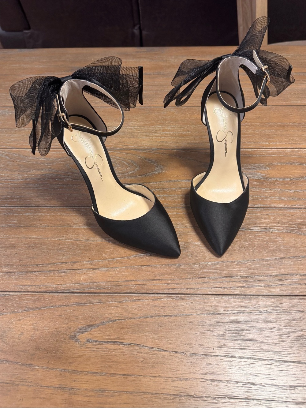 Jessica Simpson Black Satin Pointed Toe Ankle-Strap Heels with Tulle Bow